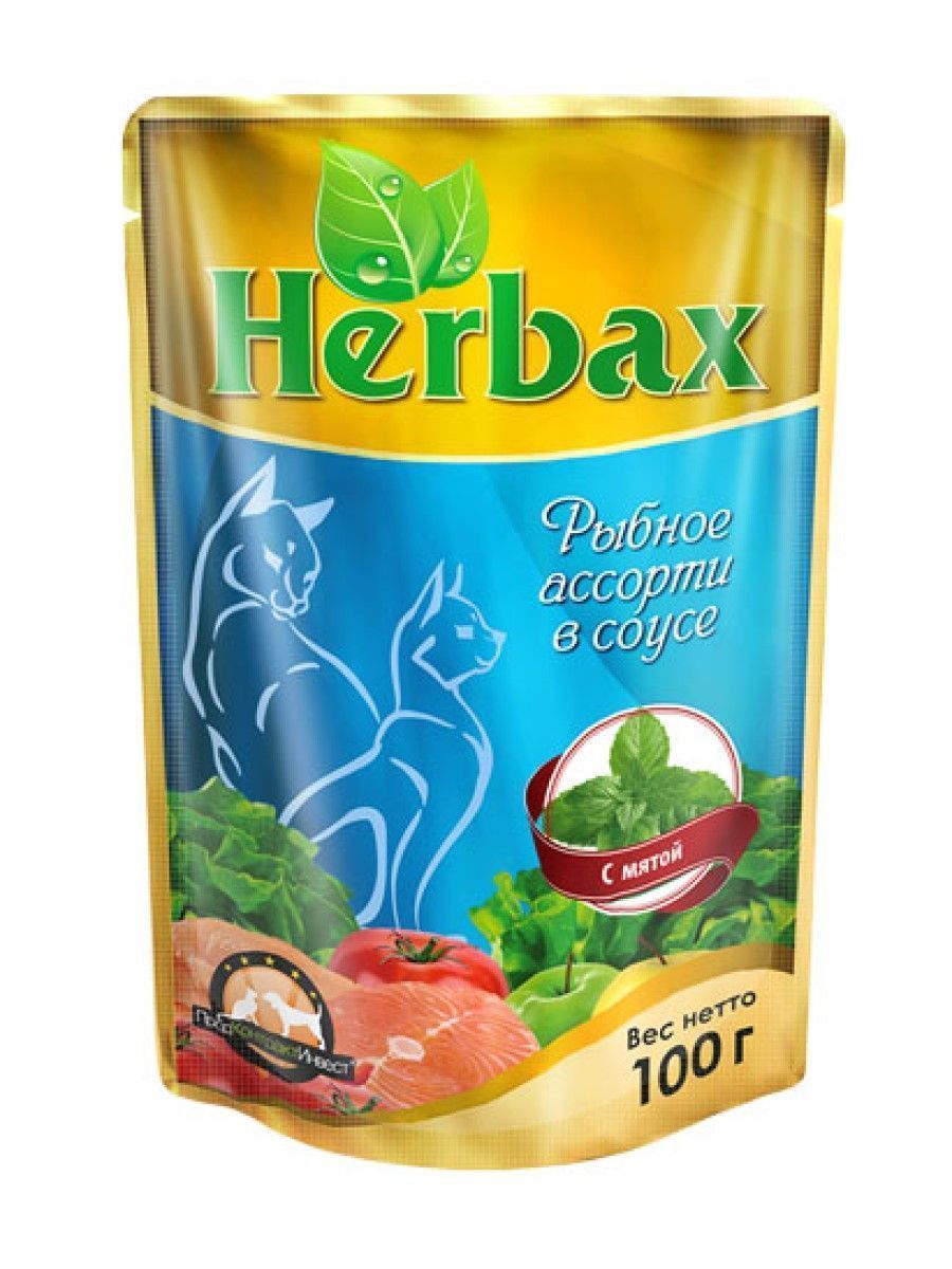 Влажный корм для кошек Herbax "Рыбное ассорти" в соусе с мятой 