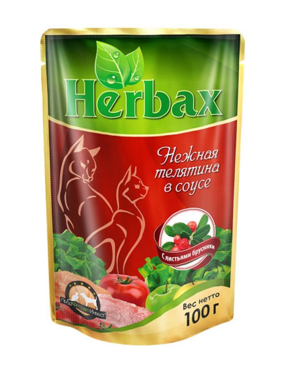 Влажный корм для кошек Herbax "Нежная телятина" в соусе с листьями брусники 