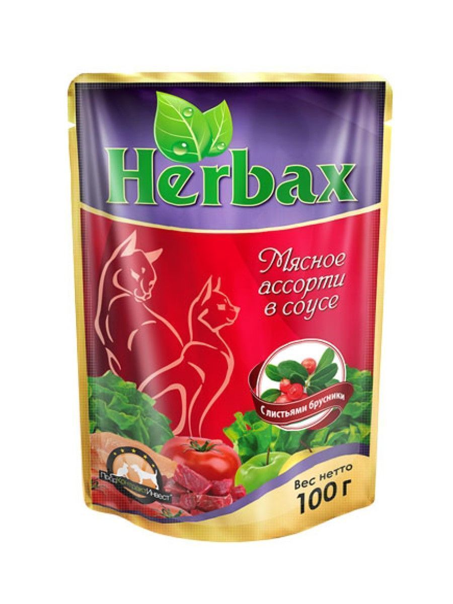 Влажный корм для кошек Herbax "Мясное ассорти" в соусе с листьями брусники