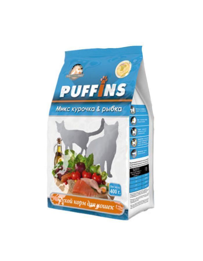 Сухой корм для взрослых кошек "Puffins" Курочка и рыбка